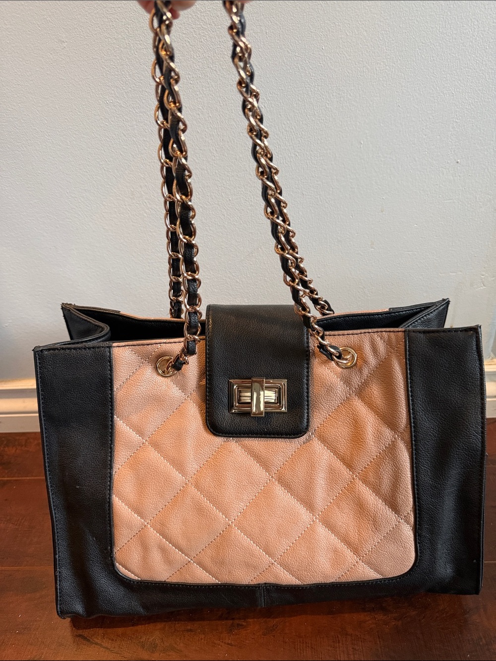 Aldo Quilted Two-Tone Chain-Strap Tote in Black and Blush